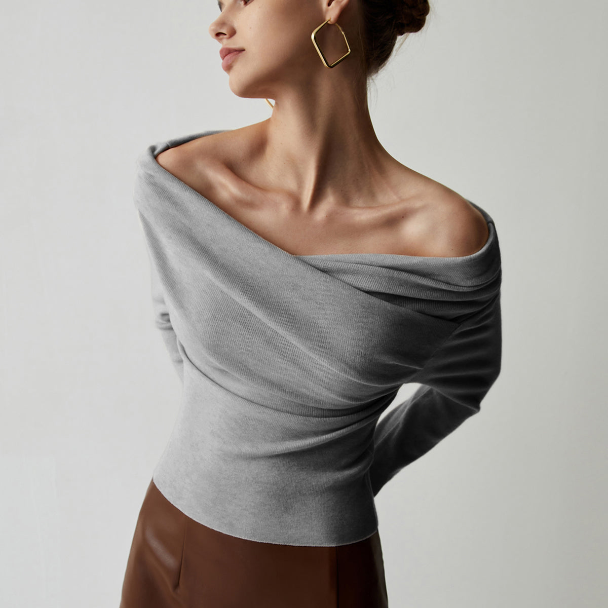 Off Shoulder Wrap Long Sleeve Knit Top
