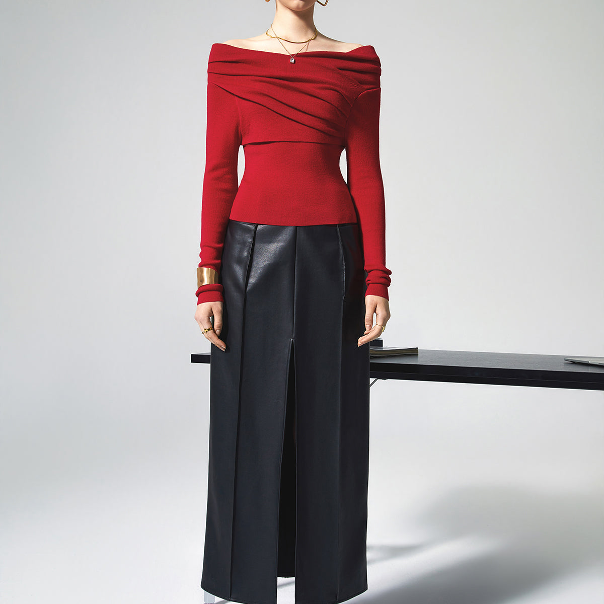 Off Shoulder Wrap Long Sleeve Knit Top