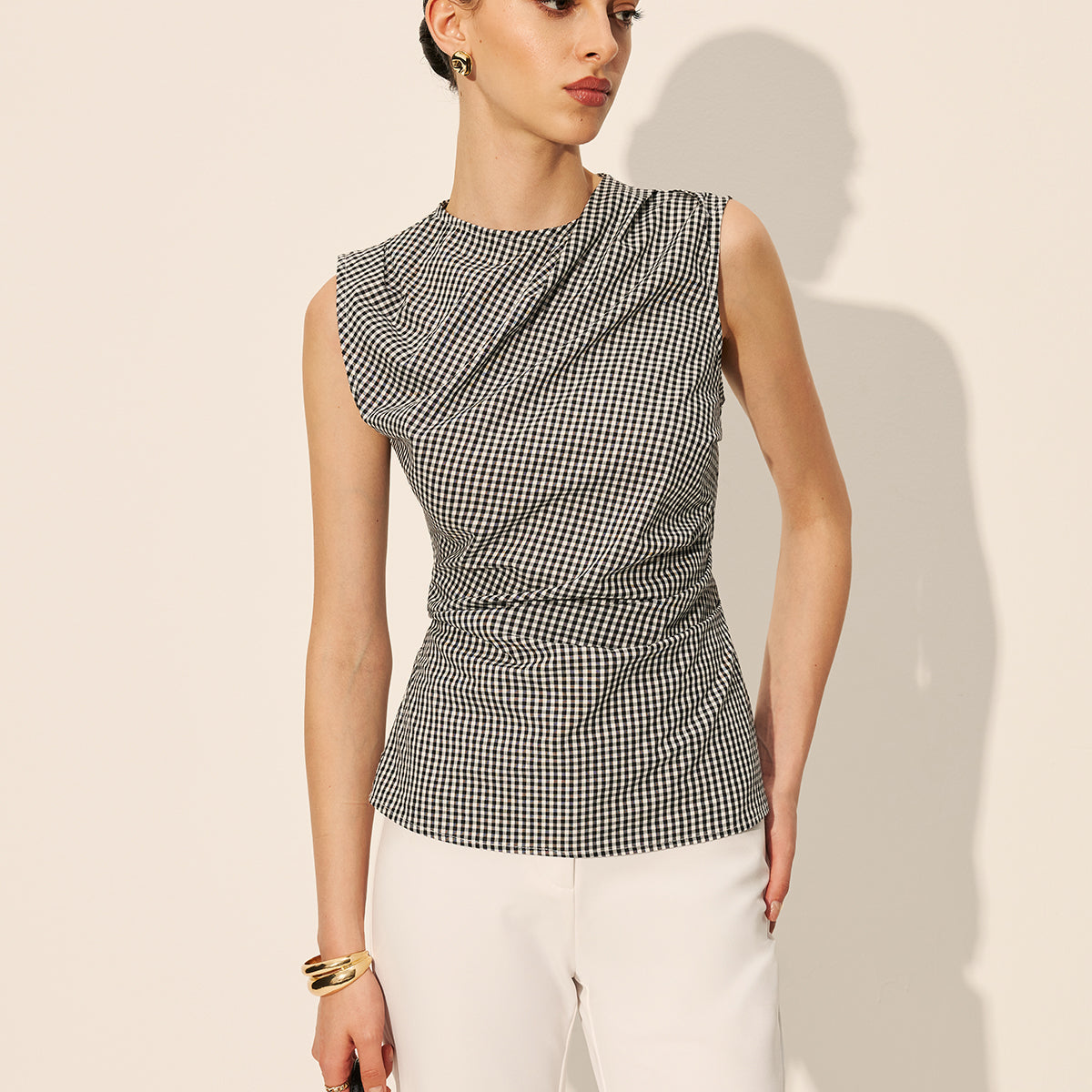 Gingham Ruched Sleeveless Top
